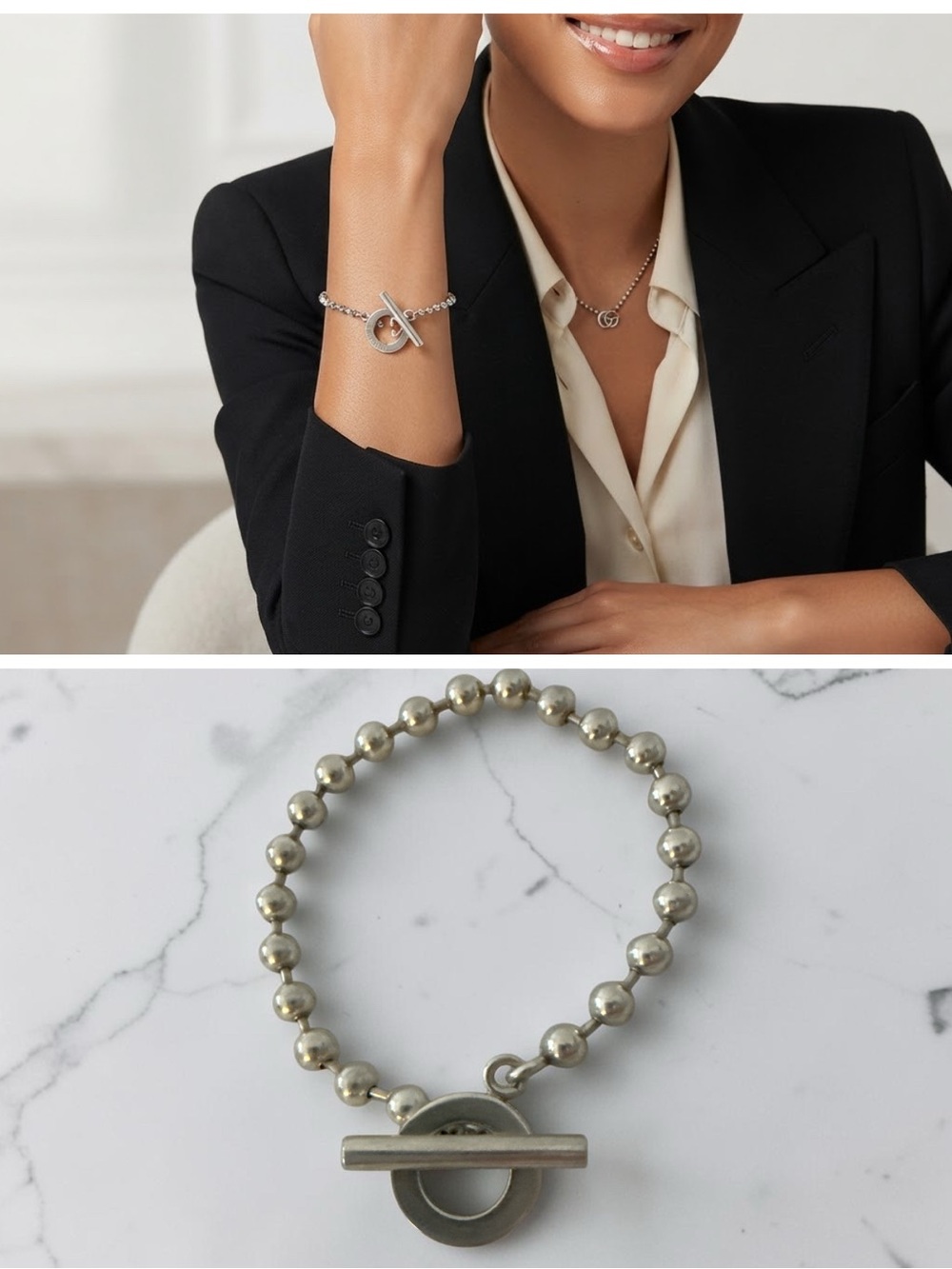 Gucci Silver Ball Chain Toggle Bracelet 925